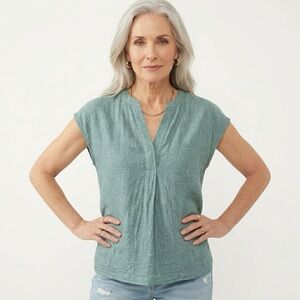 Jones New York Teal Cap-Sleeve Linen Top